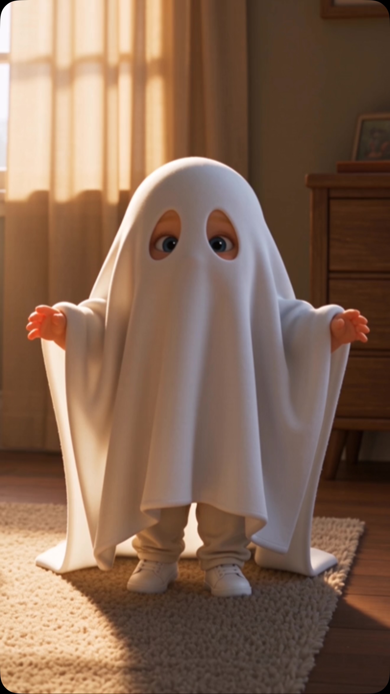 A toddler in a bedsheet ghost costume says hello