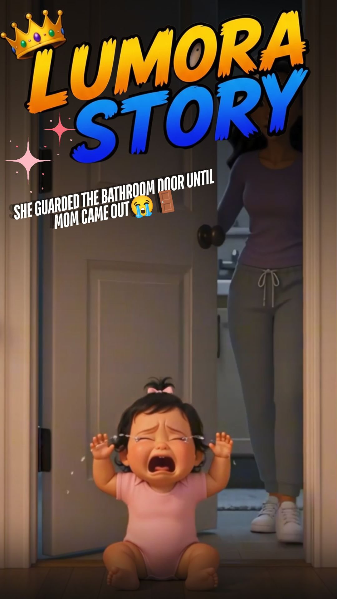 Animated toddler guards the bathroom door until Mom returns