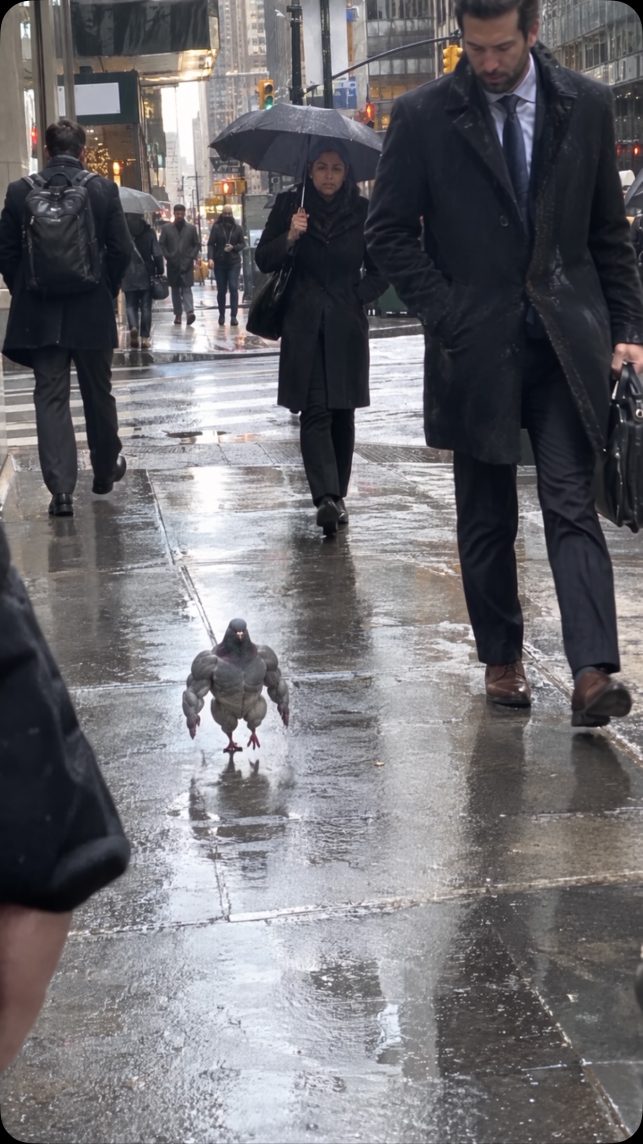 A bodybuilder pigeon patrols a rainy city pavement