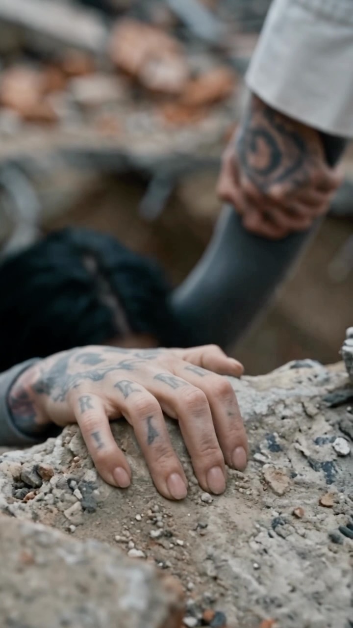 A hand on the rubble, and an appeal behind it