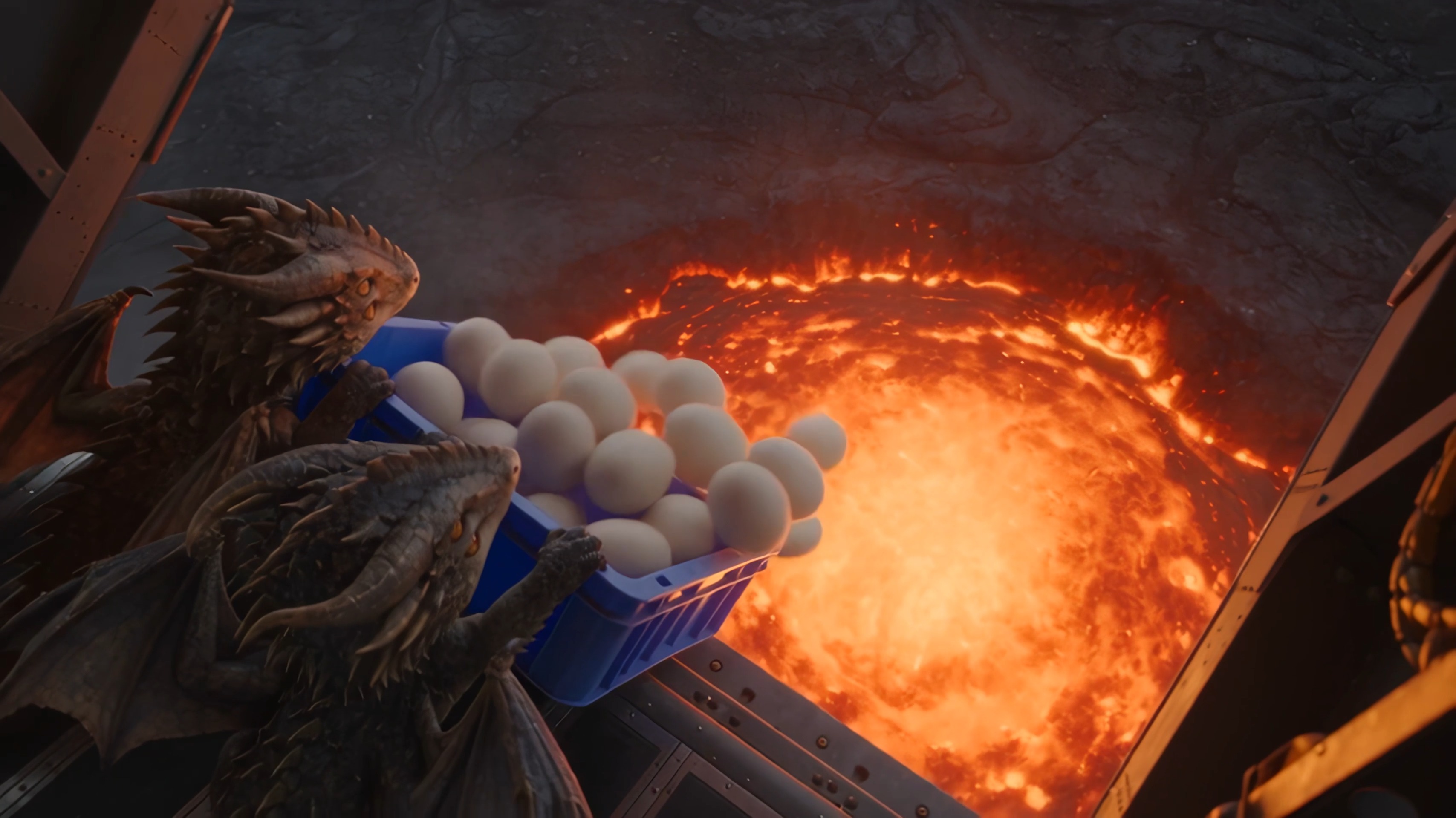 Two dragon hatchlings carry a crate of eggs over lava