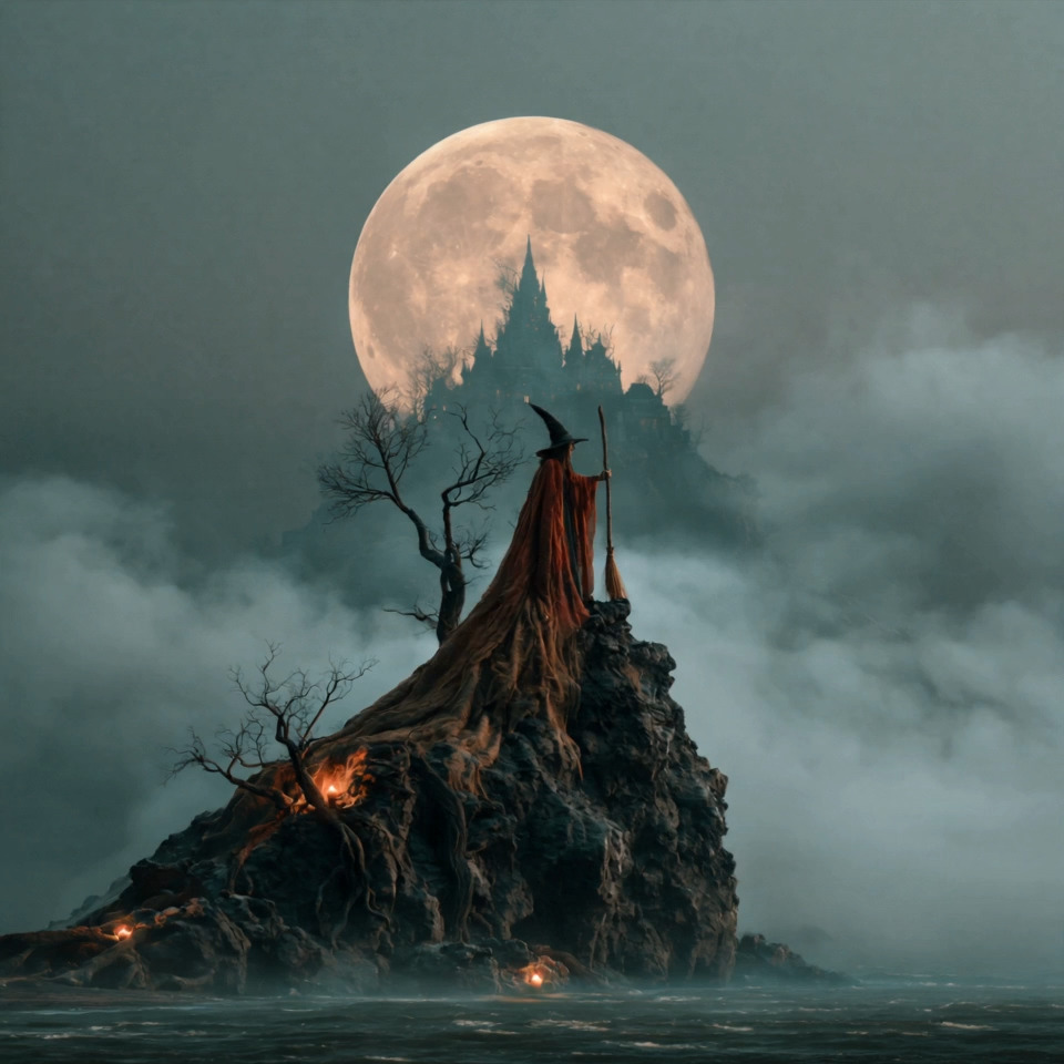 A witch on a rock, a moon, a castle