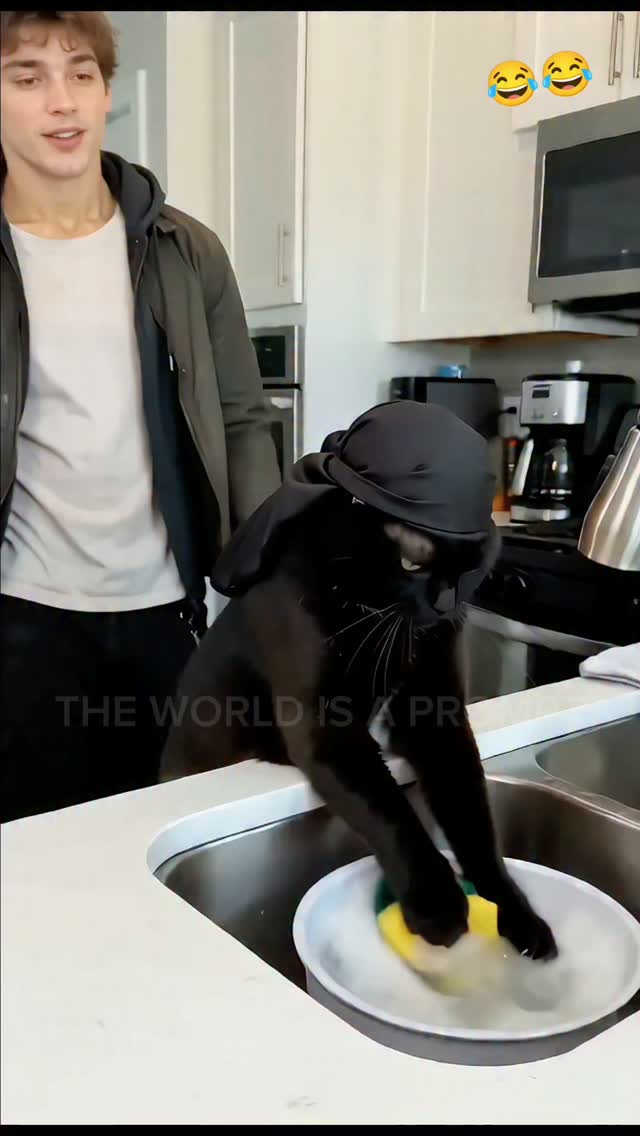 A hooded cat does the dishes while its owner grins