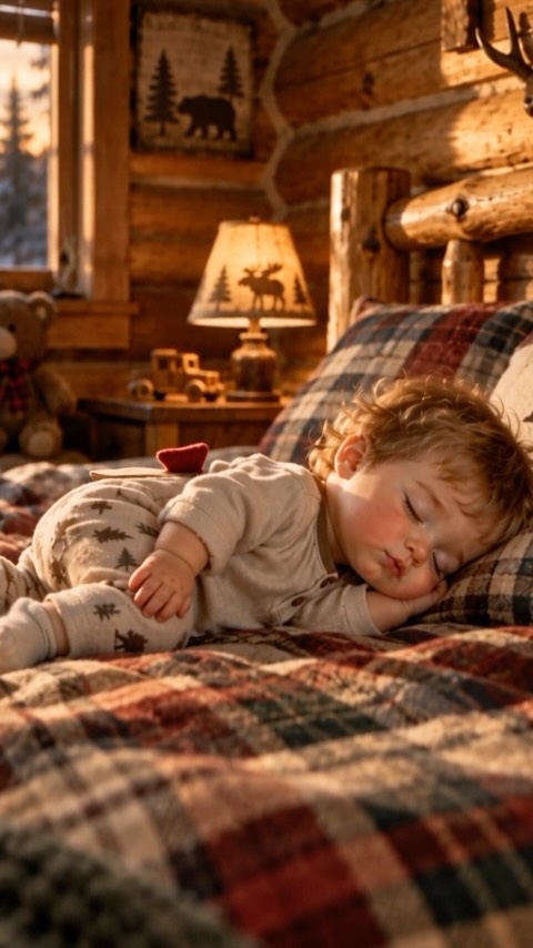 A baby sleeps in a log cabin, nothing else happens