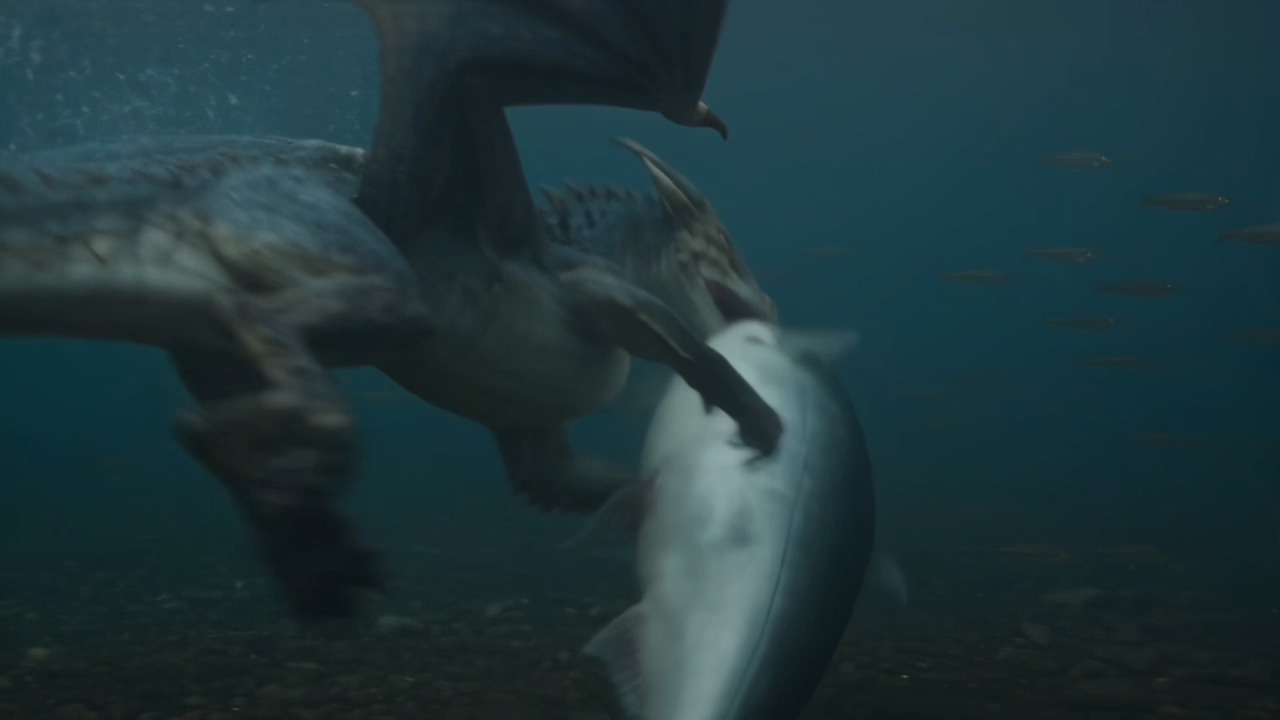 A dragon hunts a fish, shot like wildlife footage