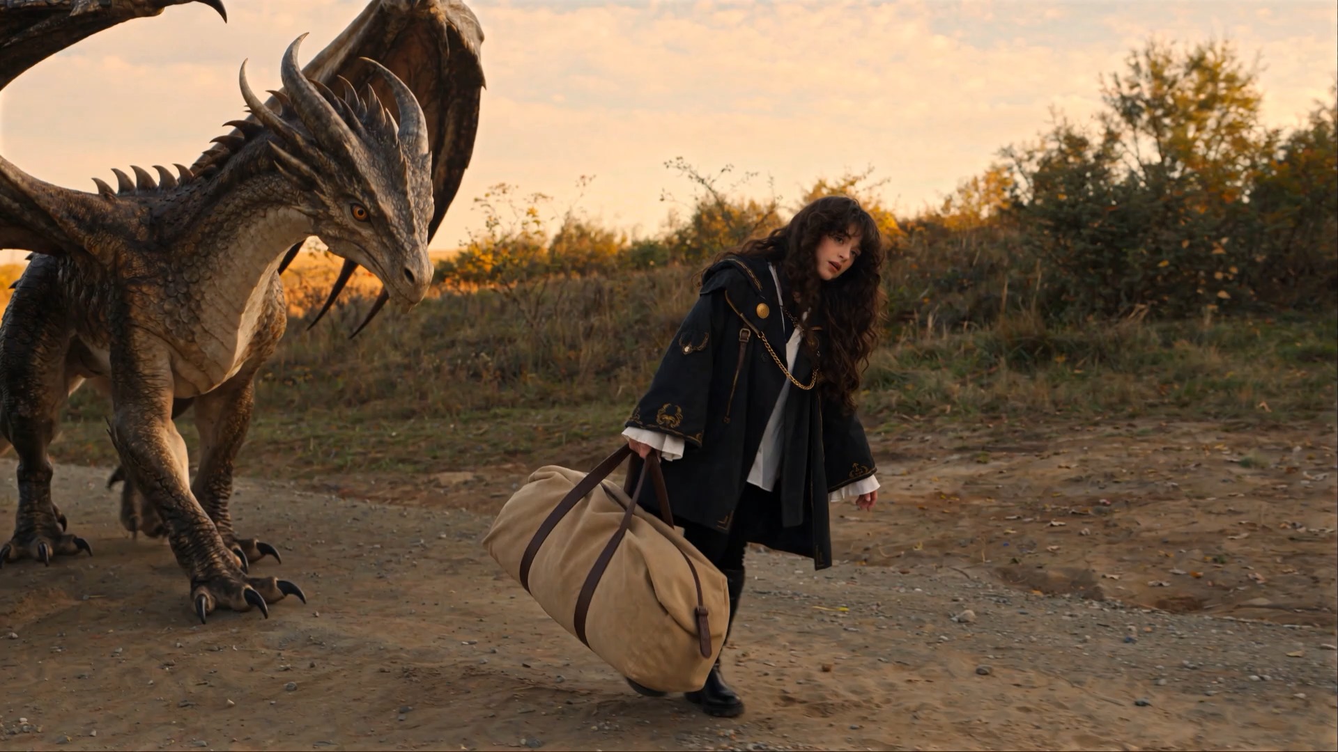 A girl, a duffel bag and her dragon friend