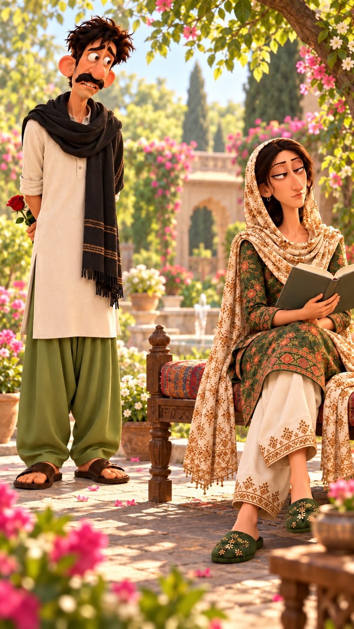 A moustached man, one rose, a woman still reading