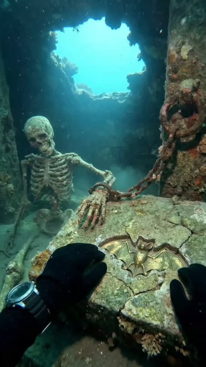 A diver, a chained skeleton and a golden bat key