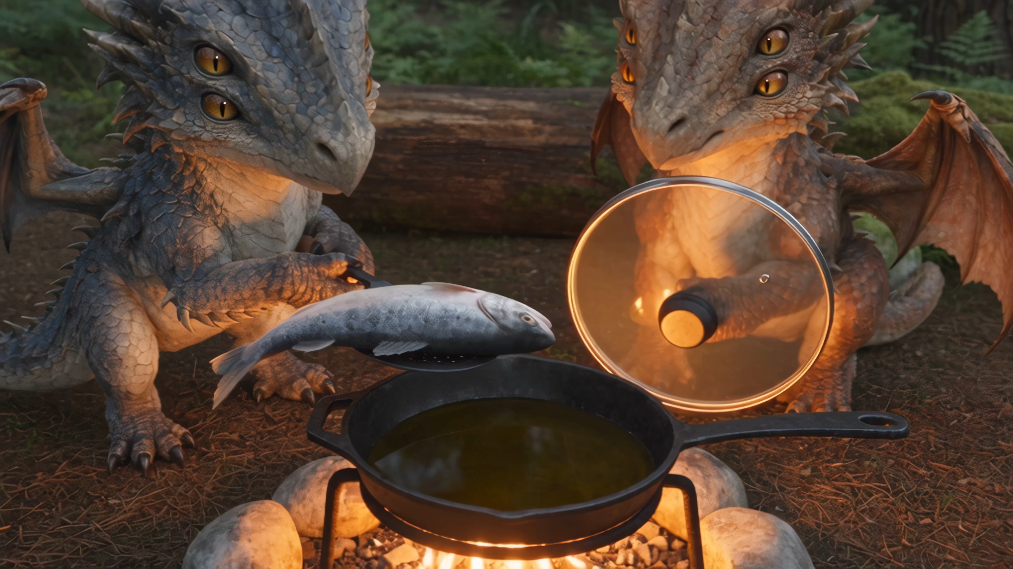Two Seedance dragons debate frying a suspicious fish