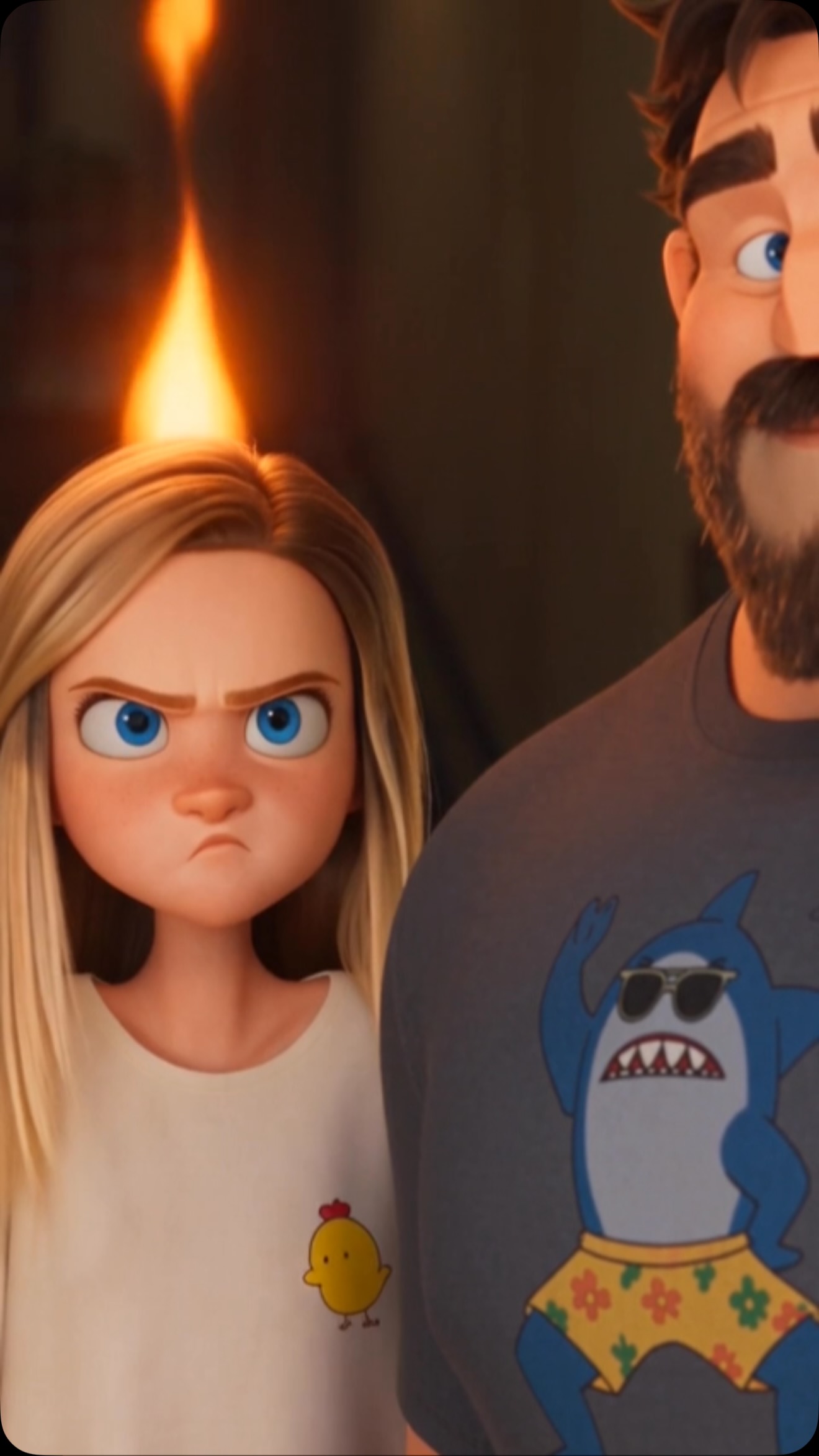 A cartoon girl's death stare, with a flame to match