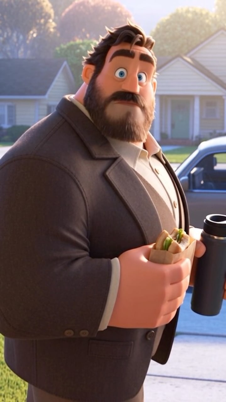 Cartoon dad, sandwich in hand, fully charged