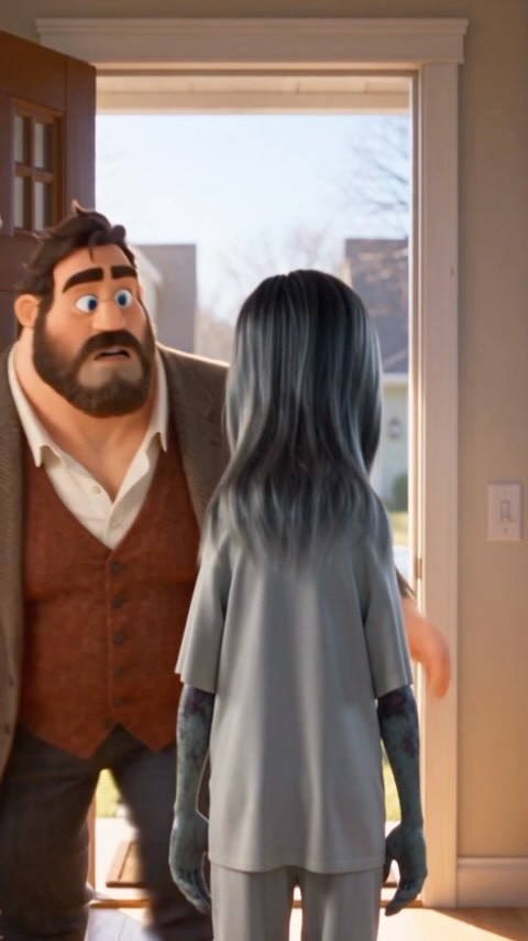 Cartoon dad opens the door to a zombie child