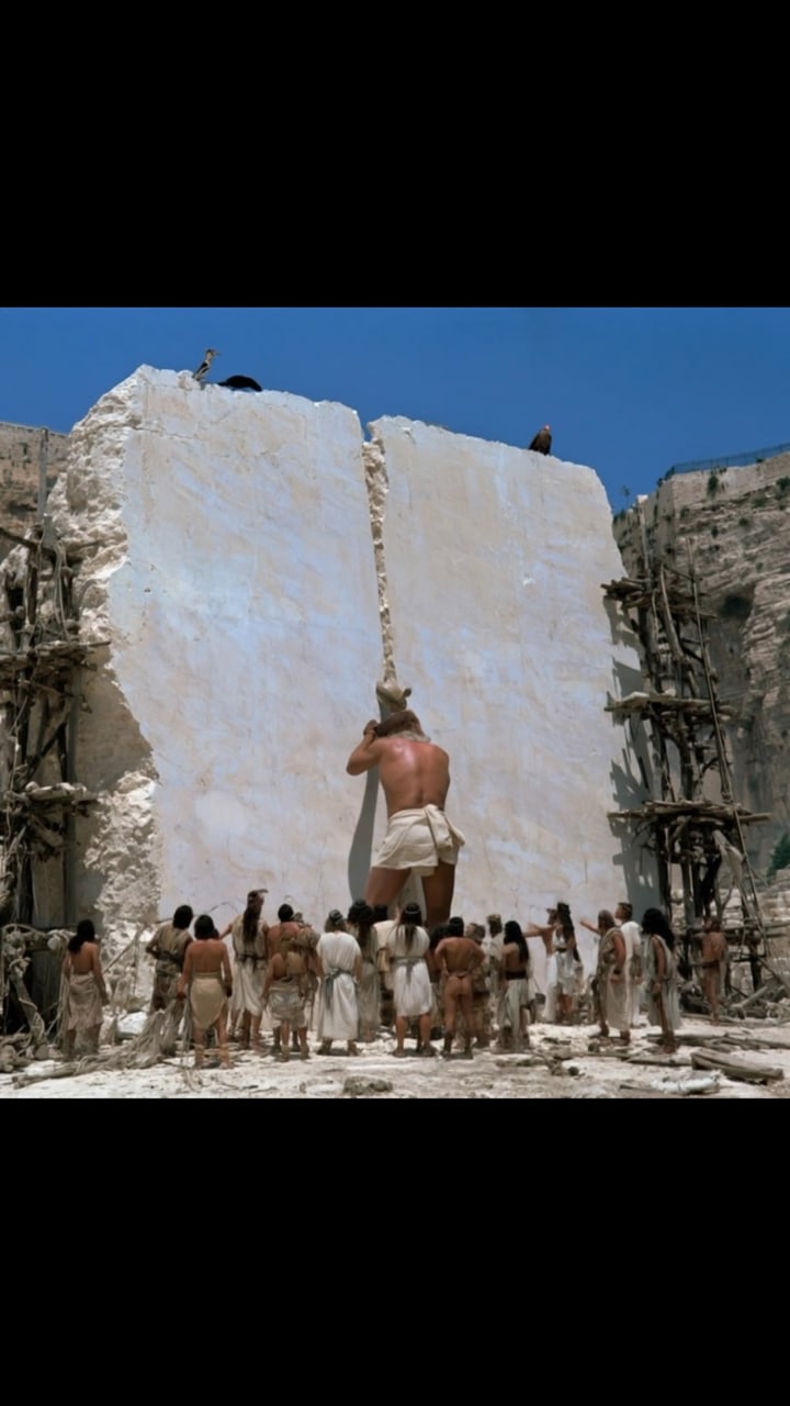 A giant splits a white stone block by hand