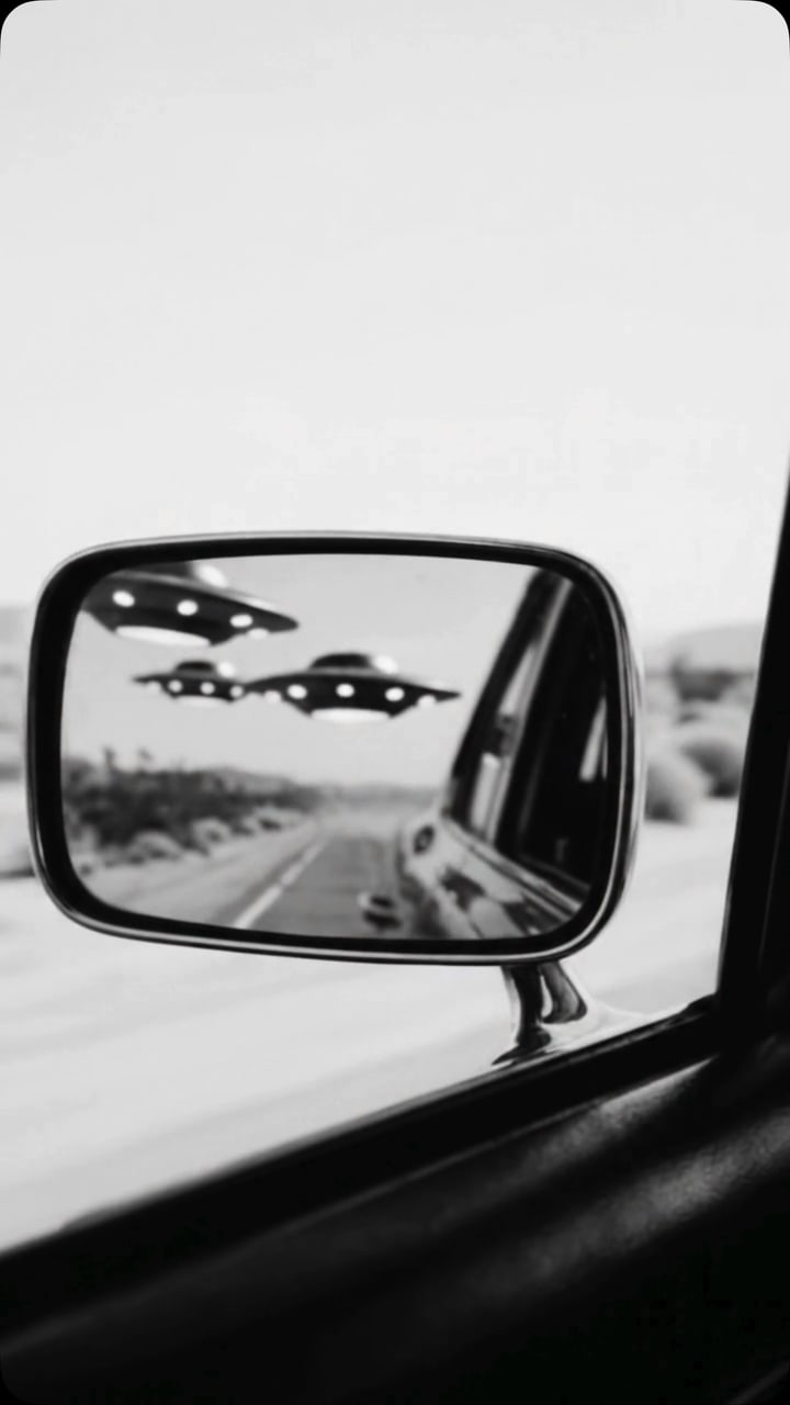 Flying saucers close in through a wing mirror