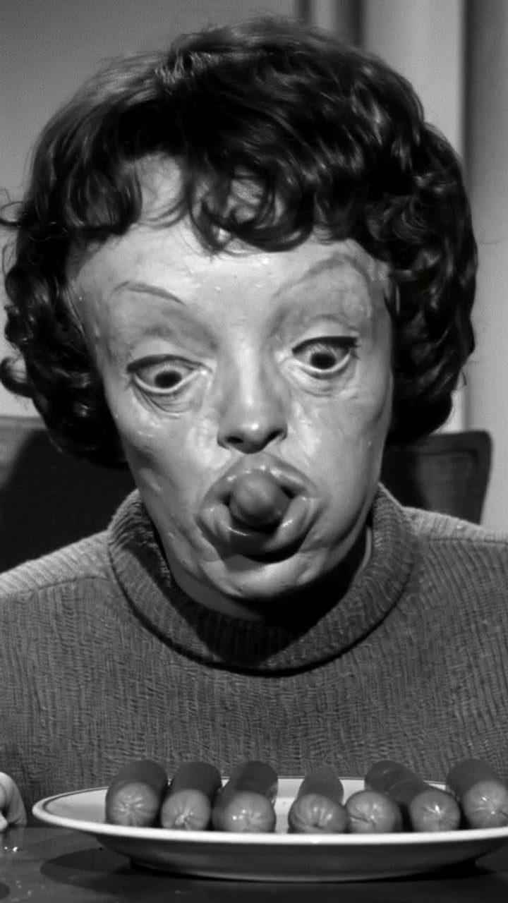 A rubber-faced woman, a plate of sausages, one question