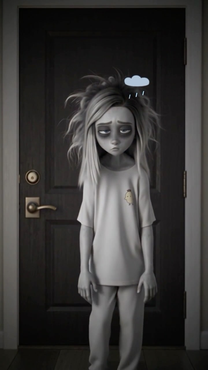A zombie girl in pyjamas waits at the front door