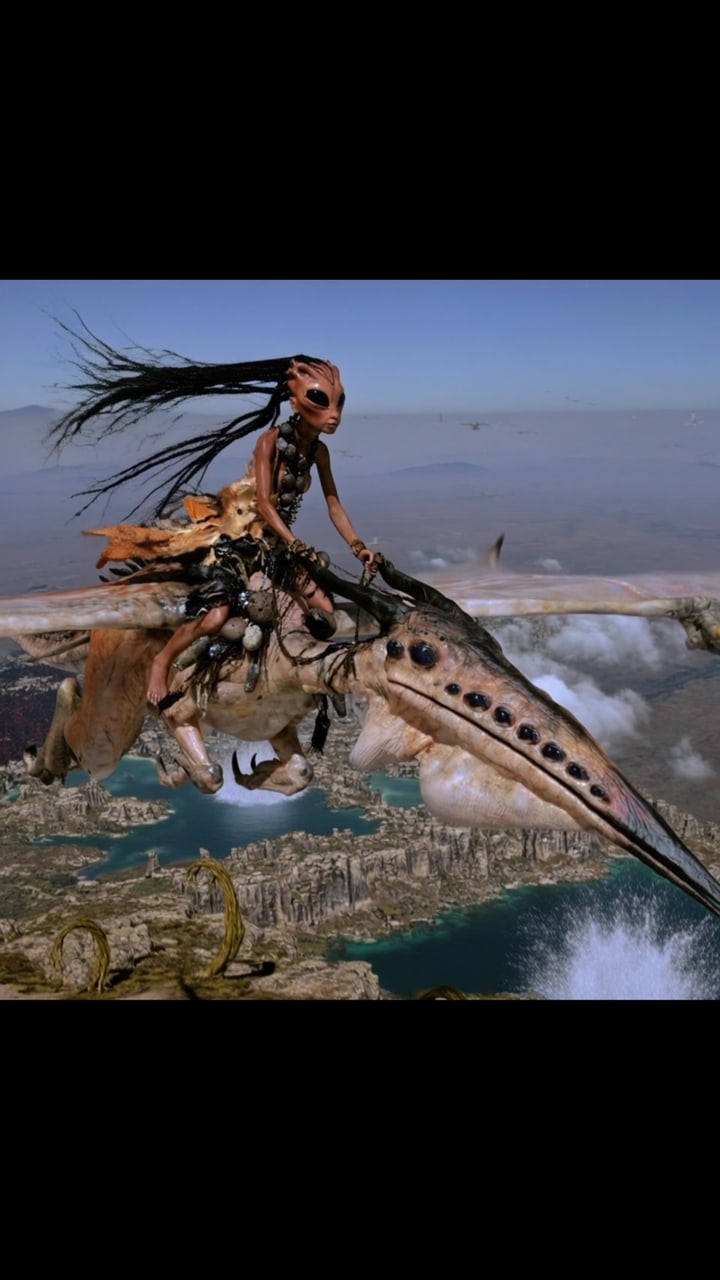 Alien rider lands a pterosaur on a cliff edge