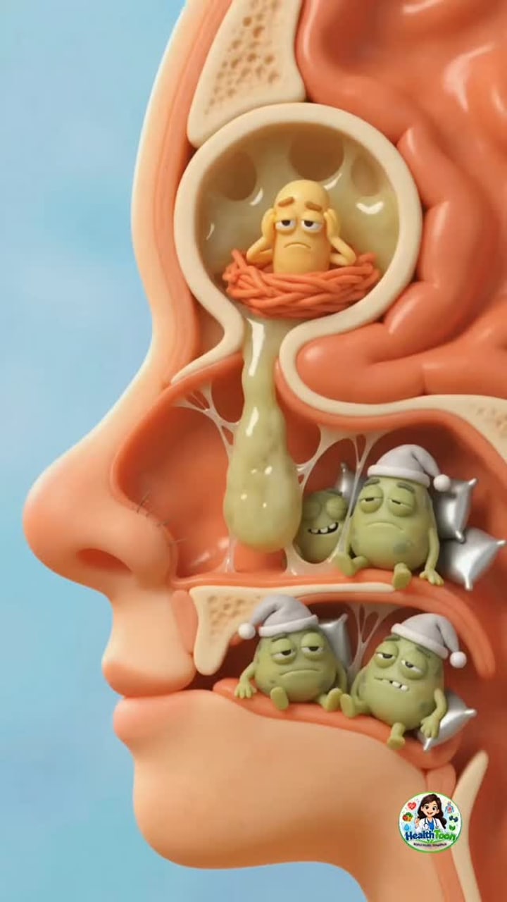 Four germs evicted from a blocked nose, cartoon style