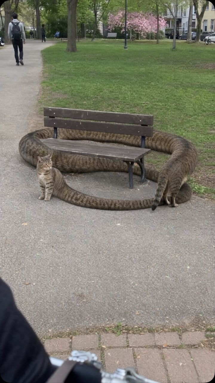 The cat wrapped twice round a park bench