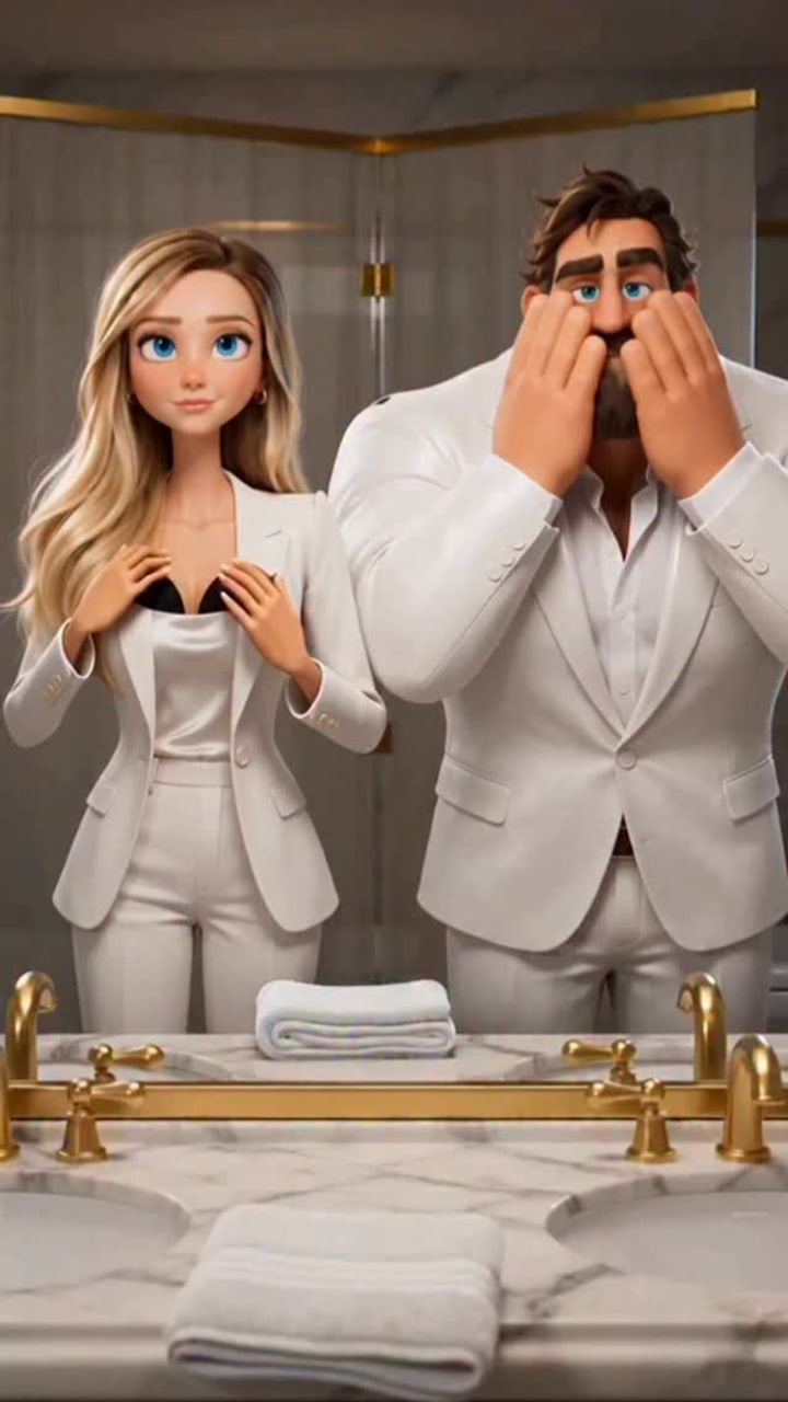 Animated couple strips the glamour off in a gold mirror