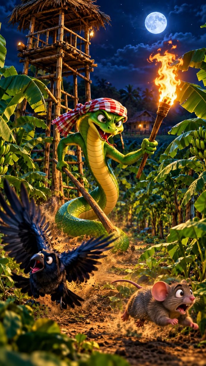 Night-watch cobra chases a crow and a rat
