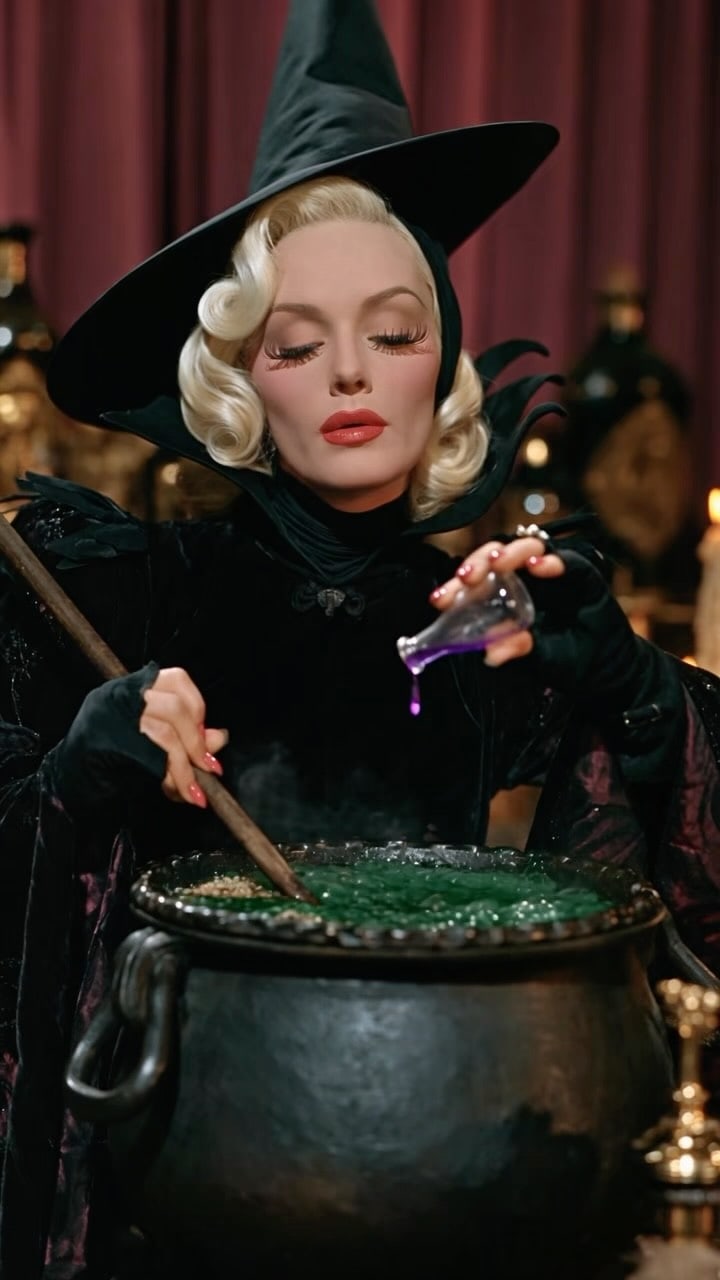 Old-Hollywood witch overdoes the potion and says oops