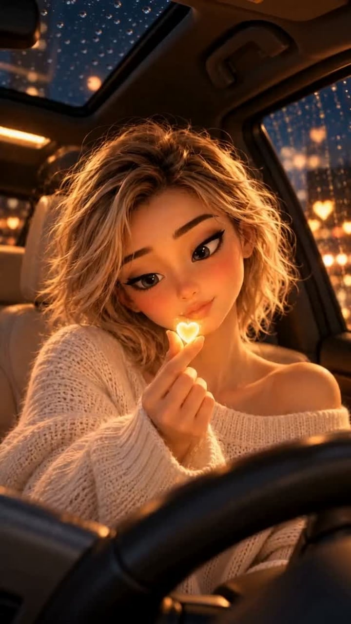 She kisses a finger heart and it fills the car