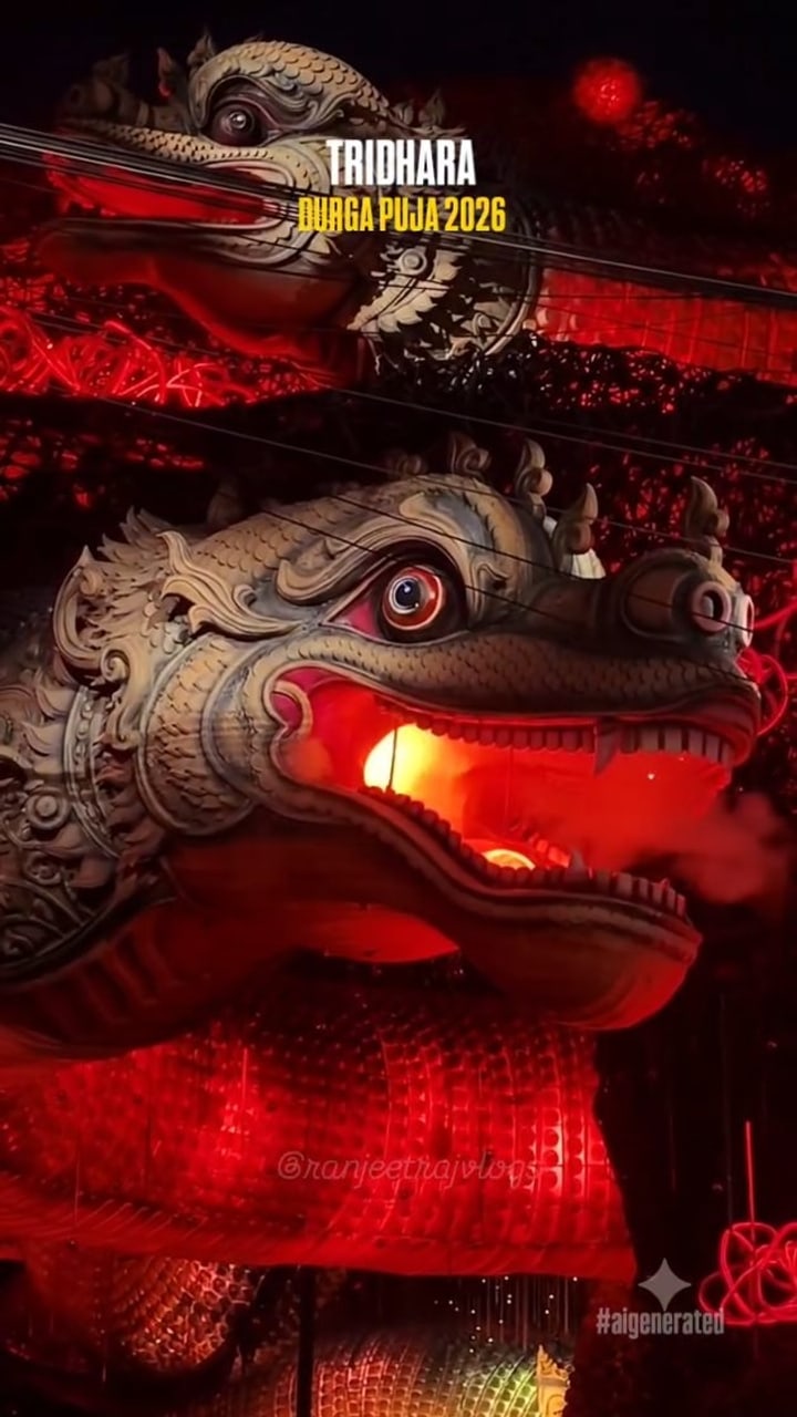 A festival dragon pandal breathes fire at the crowd