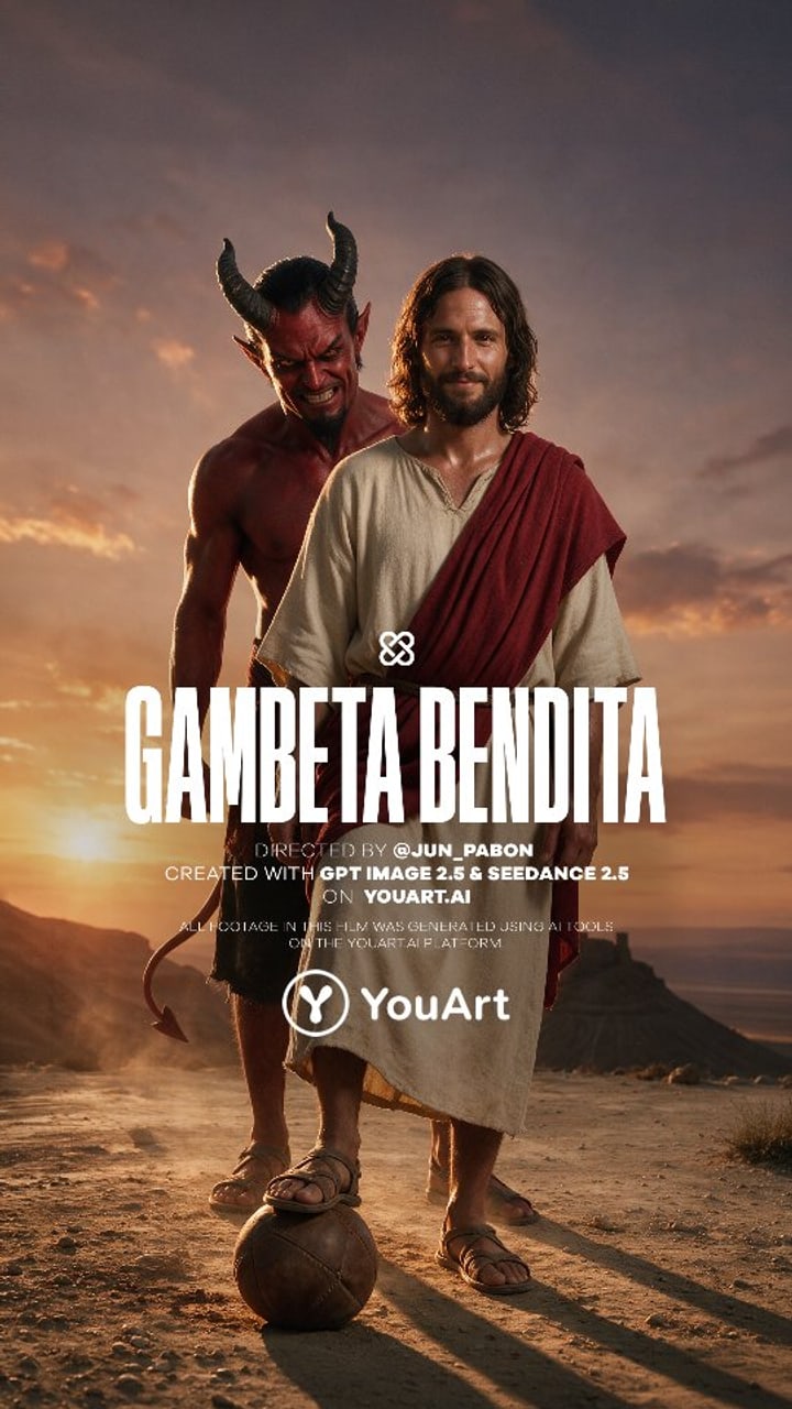 A holy man dribbles past devils at sunset