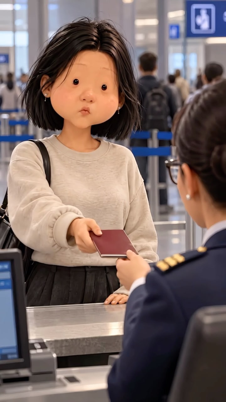 Cartoon traveller does her face at passport control