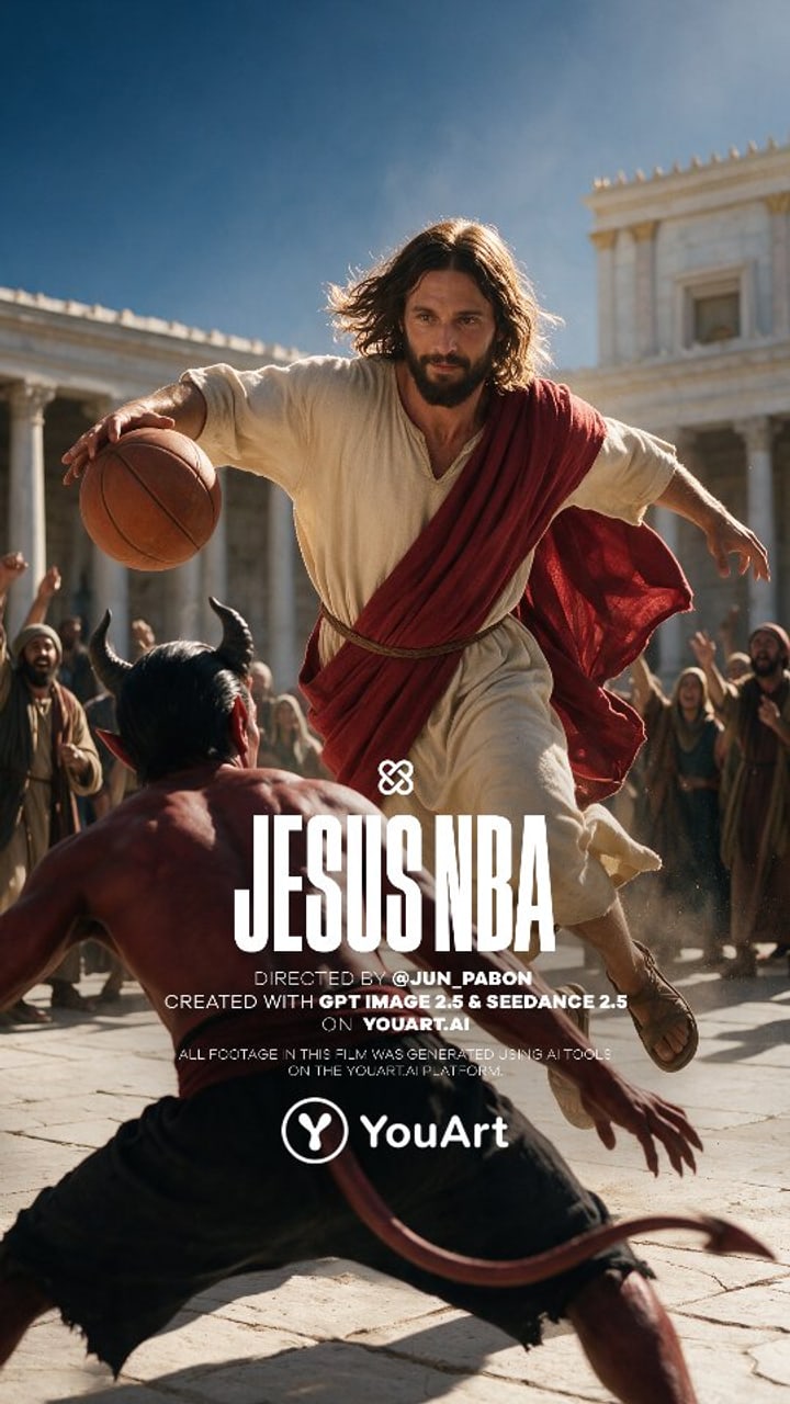 A holy man in a red mantle dunks on devils