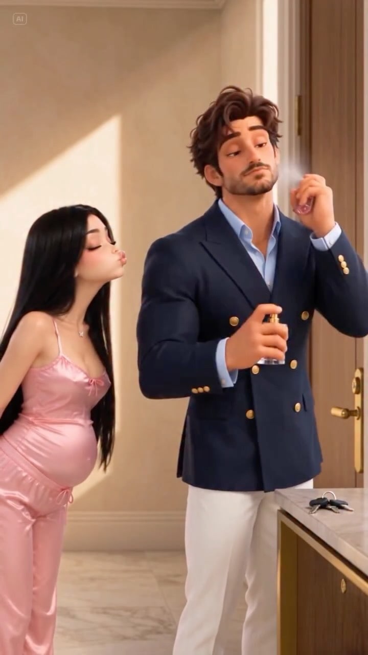 A pregnant wife puckers up and her husband walks out