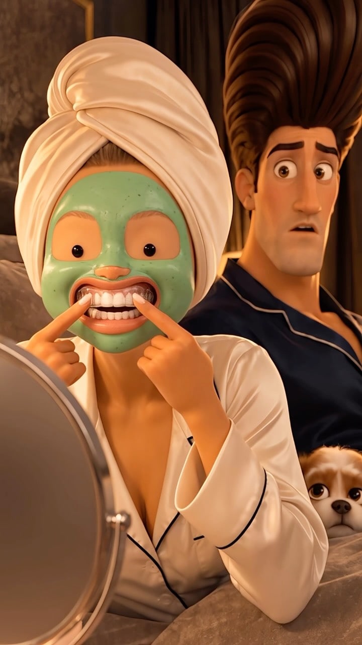 She takes off her makeup, he takes off his hair