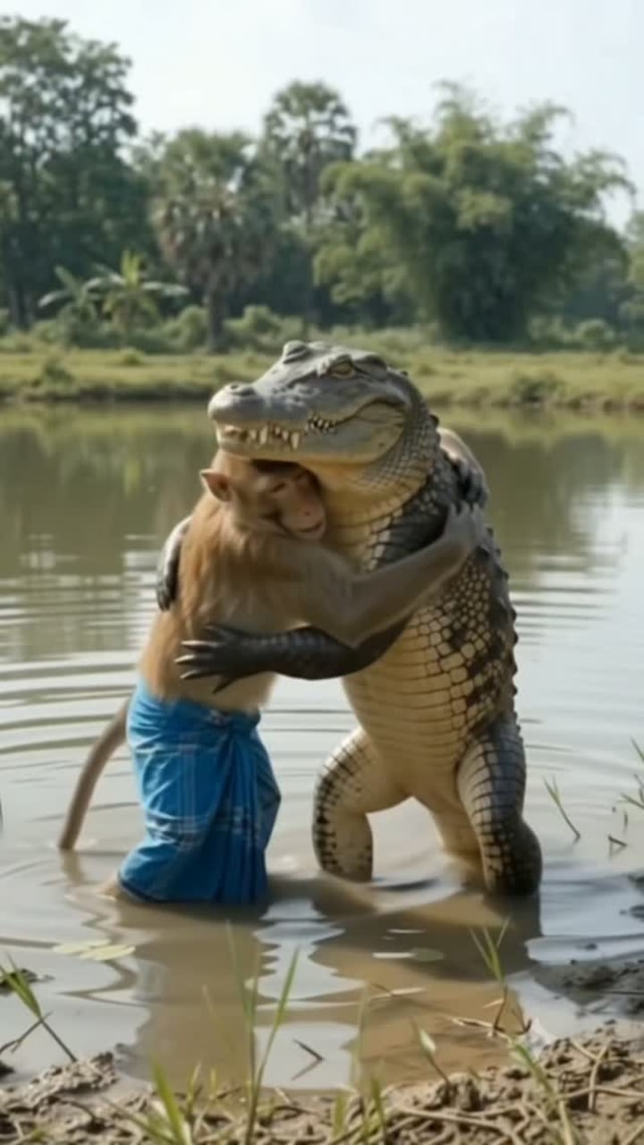 Drunk monkey turns crocodile dinner into a dance
